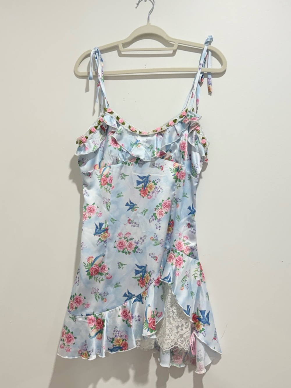 Pastel Blue Floral Satin Ruffle Dress with Lace - Picture 3 of 8